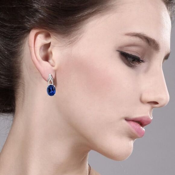 925 Sterling Silver with 4.60 Cttw Royal Blue Sapphire Oval Post Drop Earrings - Picture 3 of 4